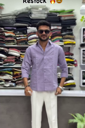 ✨💜 Sleek Lavender Purple Linen Shirt with Relaxed Fit, Crisp Collar & White Tailored Trousers - Modern Minimalist Ethnic Cool for Office, Casual Outings & Urban Desi Style! 👔🤍🌿