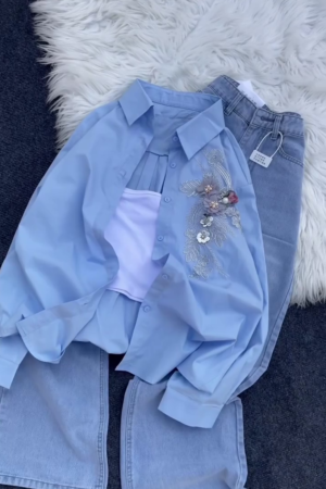 🌸✨ Dreamy Baby Blue Embroidered Oversized Shirt with Pearl Floral Applique, Ruffled Sleeves & High-Waisted Light Wash Flared Jeans - Romantic Boho Chic for Casual Dates & Spring Outings! 👗🩵👖