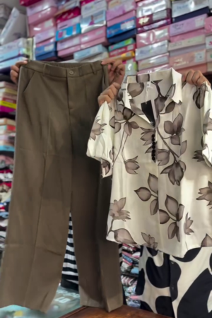 🌟✨ Elegant Brown Tailored Trousers with Floral Printed Satin Shirt - Sophisticated Office Chic Co-ord Set for Professional Women & Smart Casual Occasions! 👗🤎👖