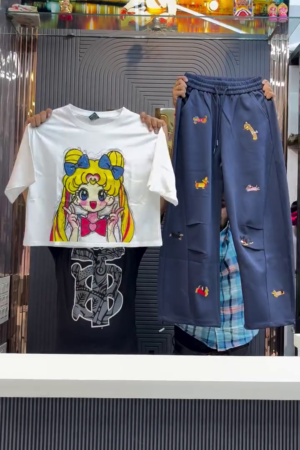 🌙✨ Kawaii Sailor Moon Black Graphic Tee with Blonde Twin-Tails & Pink Heart + White Dachshund Embroidered Sweatpants - Ultimate Anime Streetwear Co-ord for Otaku Vibes & Casual Cute! 👕🐶🤍