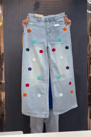 🌸✨ Rainbow Flower Patch Light Wash Jeans with 3D Embroidered Blooms in Every Color - Playful Boho Denim Statement for Festival Vibes & Creative Casual Looks! 👖🎨🌈