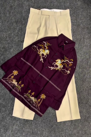 🐎✨ Majestic White Dragon Horse Embroidered Shirt with Tropical Paradise Scenes & Brown Wide-Leg Tailored Trousers - Legendary Oriental Fusion for Ethnic Festive & Modern Adventure Style! 👕🤎🌴