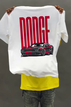 🚗🔥 Bold White Dodge Challenger SRT Hellcat Graphic Tee with Red "DODGE" Typography & Aggressive Stance - Ultimate Car Enthusiast Streetwear for Auto Shows & Casual Speed Demon Style! 👕⚡😎