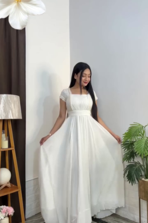 ✨🌸 Ethereal White Chiffon Smocked Bodice Maxi Dress with Square Neck & Belted Waist - Romantic Bridal Bohemian Elegance for Weddings, Beach Ceremonies & Special Celebrations! 👗💍🤍