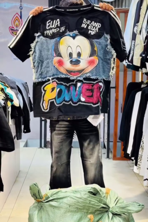 🖤✨ Alpha Nine EUA Brand Mickey Mouse "POWER" Denim Fringe Jacket - Explosive Disney Streetwear with Multicolor Graffiti & Distressed Denim Overlays for Ultimate Hypebeast Festival Looks! 🐭🔥🎨