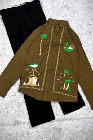 🏝️✨ Tropical Paradise Guayabera Shirt in Rich Mocha Brown with Palm Trees, Sunset Beach Scenes & Black Tailored Trousers - Exotic Vacation Resort Wear for Beach Weddings & Island Elegance! 🌴👕🖤