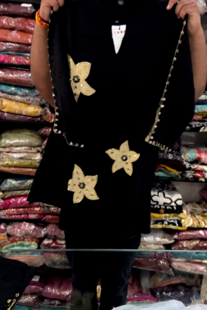 ✨🌟 Elegant Black Embroidered Floral Kurta Jacket with Gold Beaded Starburst Appliques & Tassel Trim - Luxurious Festive Ethnic Wear for Weddings & Special Celebrations! 🖤👗💍