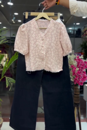 Blush Bloom Lace Button-Down Top with Chic Wide-Leg Pants Co-Ord Set 🌸🖤✨