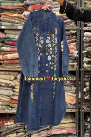 Midnight Bloom Embroidered Denim Kurti Dress 🌸🖤✨