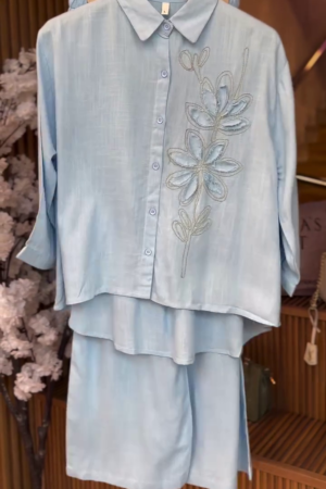 Sky Whisper Floral Embroidered Co-Ord Set 💙🌸✨