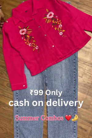 Elegant Floral Embroidered Hot Pink Casual Shirt with Premium Light Wash Straight Fit Denim Jeans Combo for Women 🌺💖👖