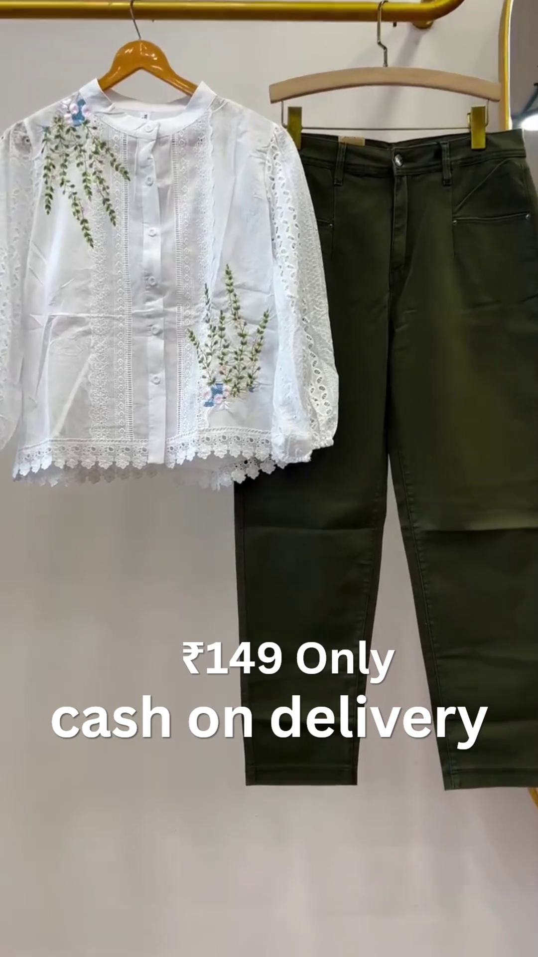 Elegant Floral Embroidered White Lace Top with Premium Olive Straight Fit Pants Co-Ord Outfit Set for Women πΈπ€β¨ - Image 4
