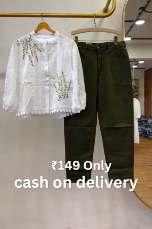 Elegant Floral Embroidered White Lace Top with Premium Olive Straight Fit Pants Co-Ord Outfit Set for Women 🌸🤍✨