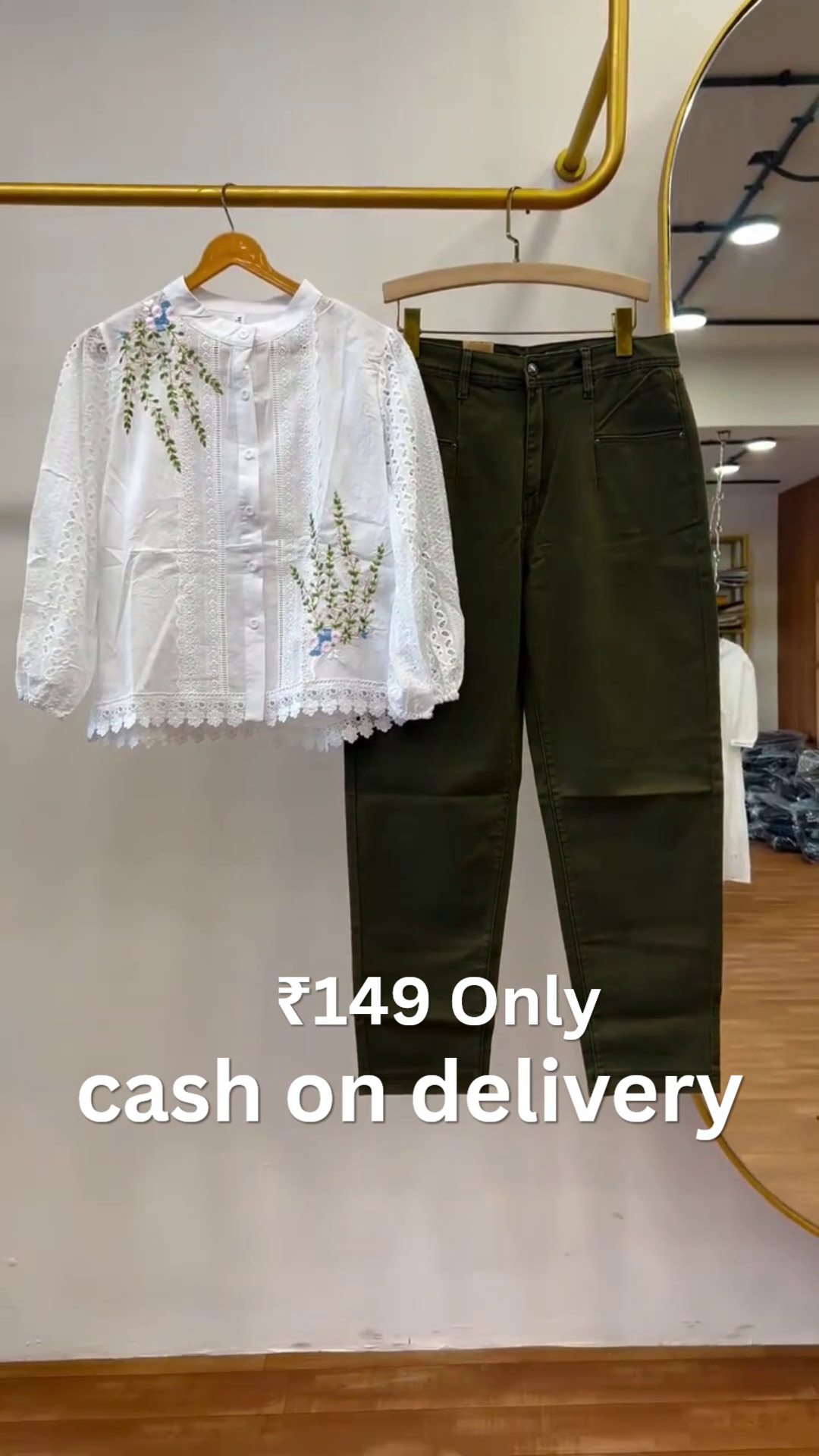 Elegant Floral Embroidered White Lace Top with Premium Olive Straight Fit Pants Co-Ord Outfit Set for Women πΈπ€β¨