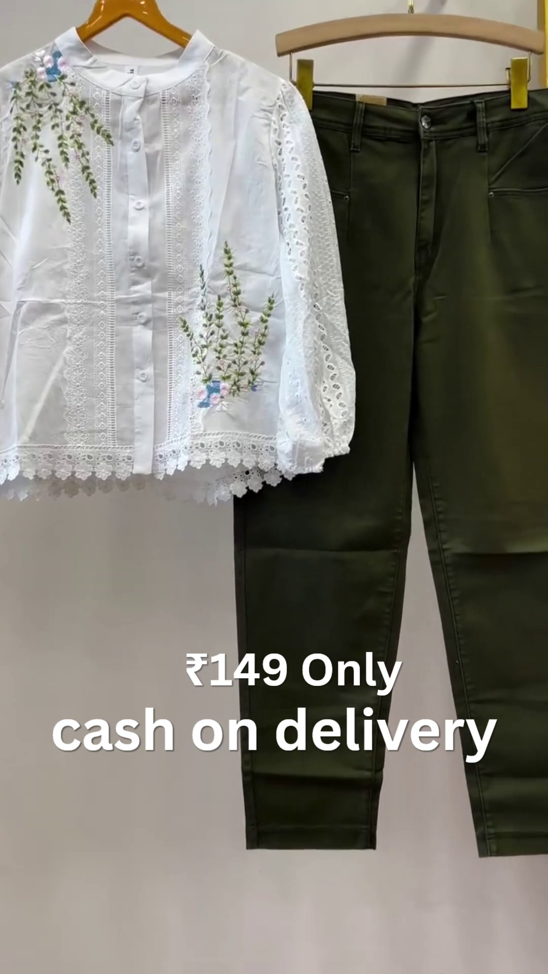 Elegant Floral Embroidered White Lace Top with Premium Olive Straight Fit Pants Co-Ord Outfit Set for Women πΈπ€β¨ - Image 2