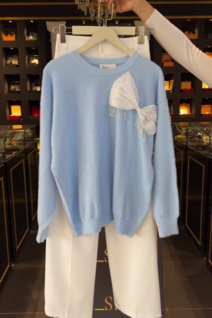 Elegant Sky Blue Soft Knit Bow Detail Sweater & Classic White Straight Fit Pants Co-Ord Set ✨🩵🤍
