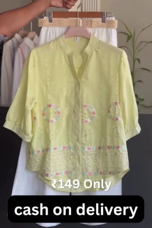 Women’s Premium Pastel Lime Embroidered Button-Down Ethnic Shirt Top with Elegant White Palazzo Pants Co-Ord Set