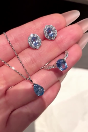 💙✨Royal Blue Crystal Teardrop Pendant Necklace, Halo Stud Earrings & Sparkling Statement Ring Luxury Jewelry Gift Set for Women 💎👑