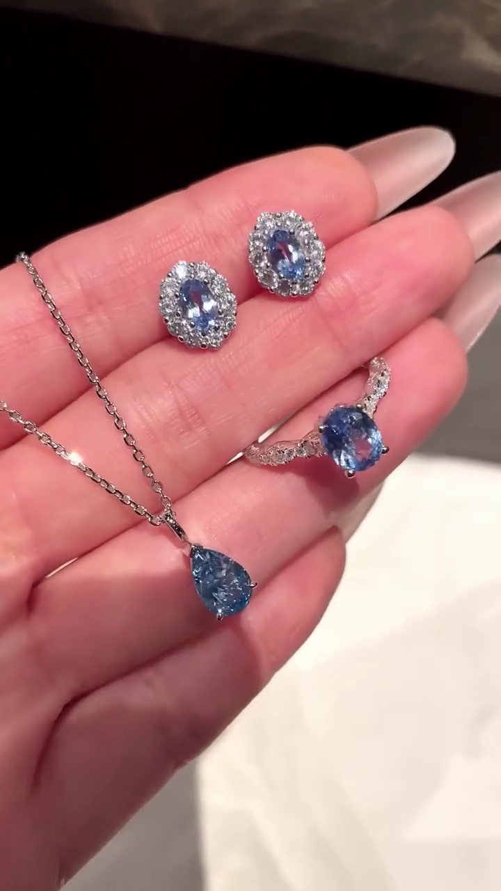 πβ¨Royal Blue Crystal Teardrop Pendant Necklace, Halo Stud Earrings & Sparkling Statement Ring Luxury Jewelry Gift Set for Women ππ