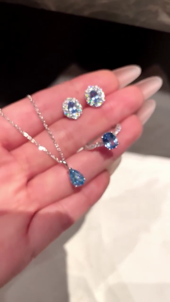πβ¨Royal Blue Crystal Teardrop Pendant Necklace, Halo Stud Earrings & Sparkling Statement Ring Luxury Jewelry Gift Set for Women ππ - Image 2