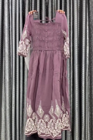 Elegant Embroidered Smocked Midi Dress with Decorative Button Front Detail, Statement Sleeves, and Intricate Contrast Border Artwork ✨💜