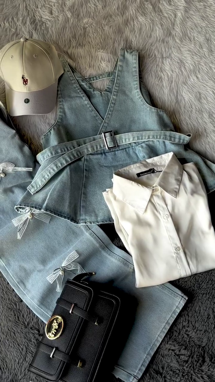 Elegant Sleeveless Denim Layered Fashion Ensemble with Belted Peplum Top, Tailored Pants, and Classic Collared Inner Shirt Styling Set โจ๐ - Image 4