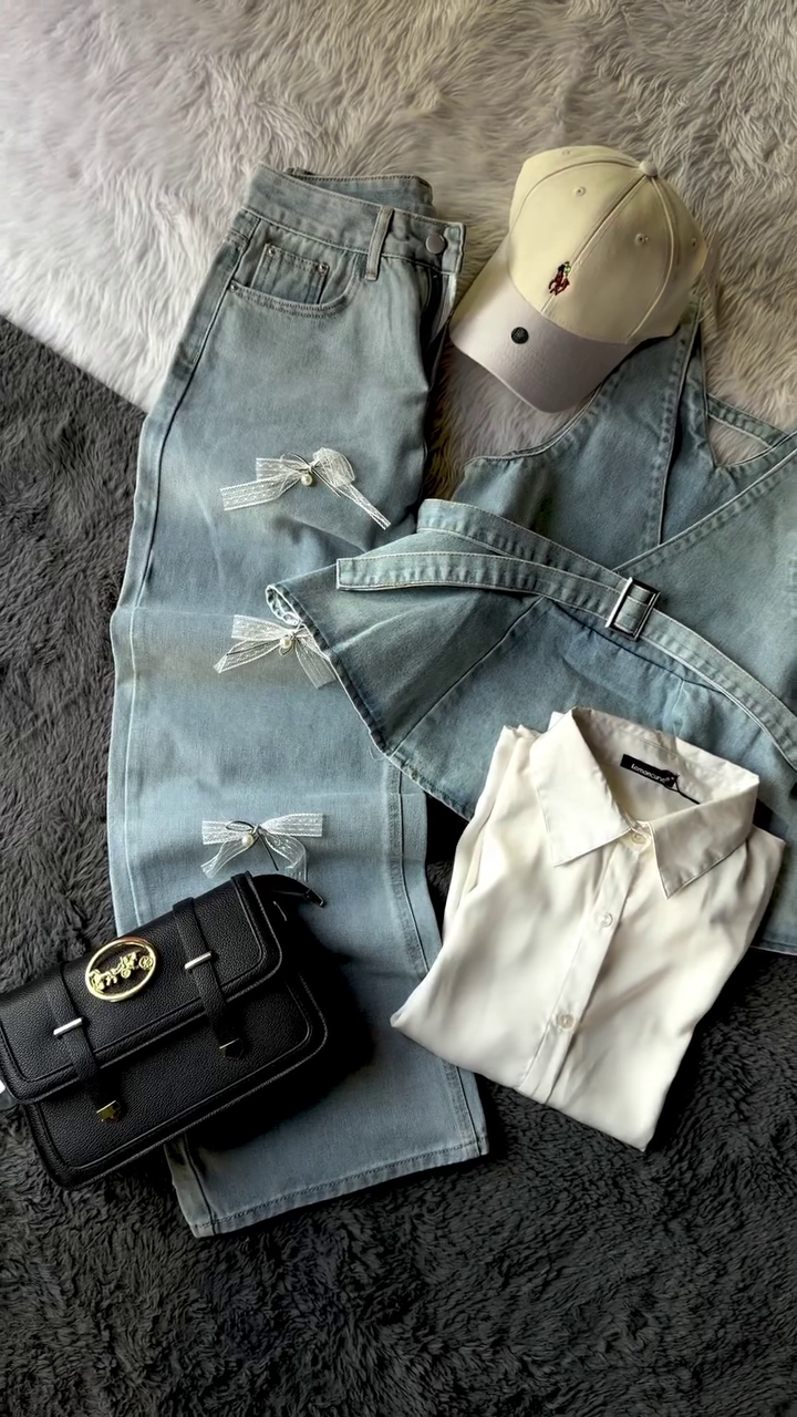 Elegant Sleeveless Denim Layered Fashion Ensemble with Belted Peplum Top, Tailored Pants, and Classic Collared Inner Shirt Styling Set โจ๐ - Image 3