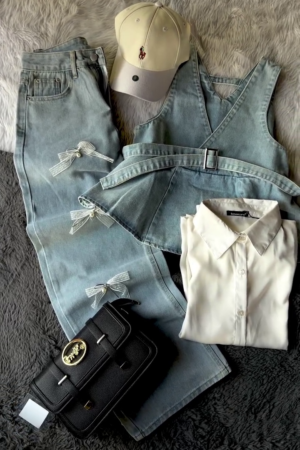 Elegant Sleeveless Denim Layered Fashion Ensemble with Belted Peplum Top, Tailored Pants, and Classic Collared Inner Shirt Styling Set ✨💎