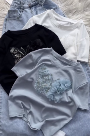 🦋✨ Premium Butterfly Embellished Soft-Touch Casual T-Shirt Collection for Women | Elegant Floral Appliqué Comfort Tee with Sparkling Embroidery Details ✨🦋