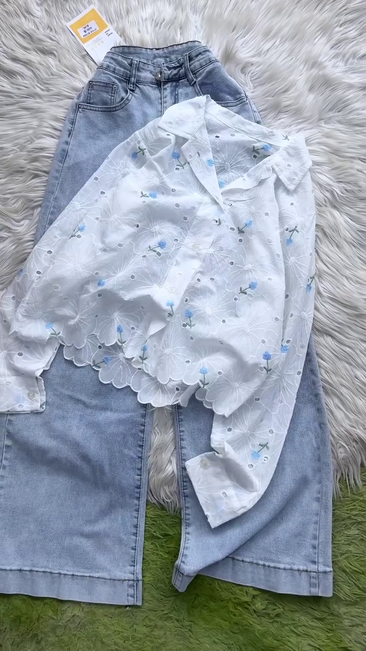 π€πΉ Premium Floral Embroidered Sheer Lace Button-Down Blouse with Relaxed Wide-Leg Denim Pants Co-Ord Inspired Outfit for Women | Elegant Casual Chic Everyday Fashion Collection πΉπ€ - Image 4