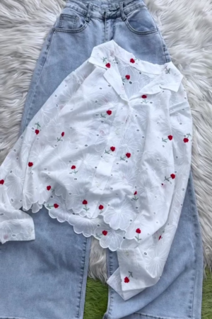 🤍🌹 Premium Floral Embroidered Sheer Lace Button-Down Blouse with Relaxed Wide-Leg Denim Pants Co-Ord Inspired Outfit for Women | Elegant Casual Chic Everyday Fashion Collection 🌹🤍