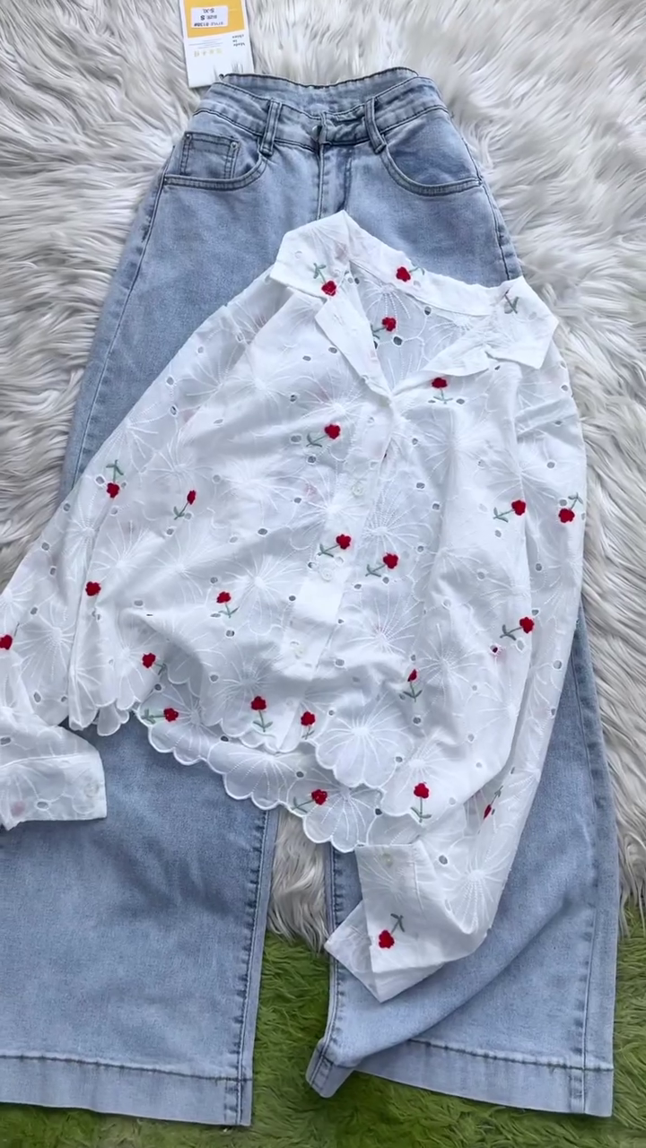 π€πΉ Premium Floral Embroidered Sheer Lace Button-Down Blouse with Relaxed Wide-Leg Denim Pants Co-Ord Inspired Outfit for Women | Elegant Casual Chic Everyday Fashion Collection πΉπ€