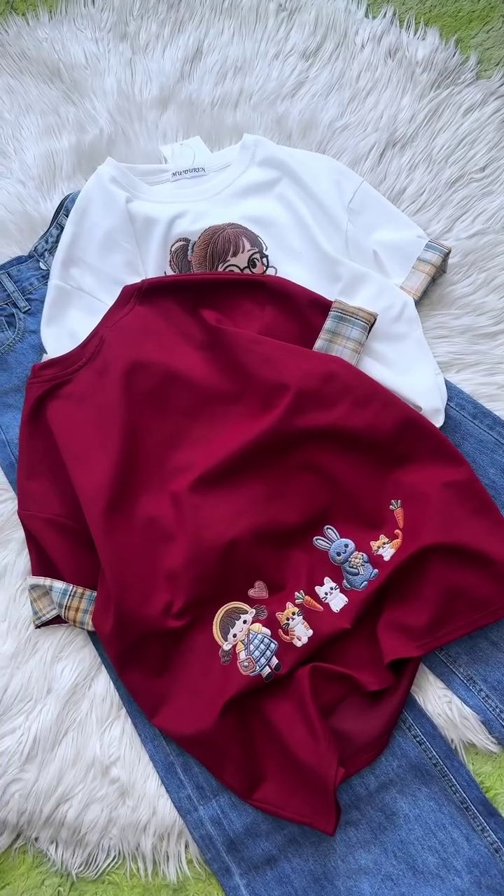 β€οΈπ° Adorable Storybook Character Embroidered Sweatshirt with Plaid Cuff Detail & Relaxed Denim Styling for Women | Cozy Casual Everyday Comfort Wear Collection π°β€οΈ - Image 4