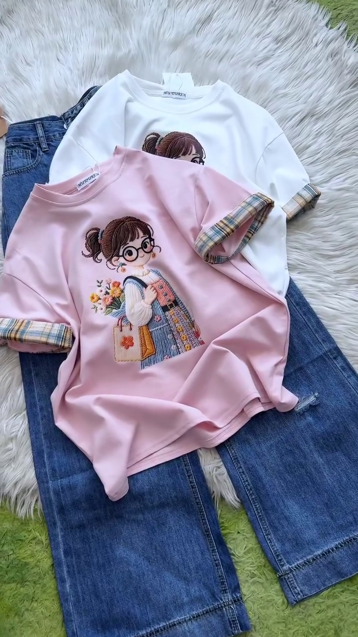 β€οΈπ° Adorable Storybook Character Embroidered Sweatshirt with Plaid Cuff Detail & Relaxed Denim Styling for Women | Cozy Casual Everyday Comfort Wear Collection π°β€οΈ - Image 2