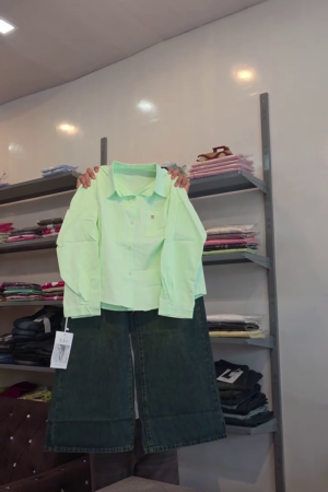 💚👗 Contemporary Cropped Button-Front Shirt with Wide-Leg Denim Culotte Skirt Outfit for Women | Minimalist Street Style Fashion Collection 👗💚