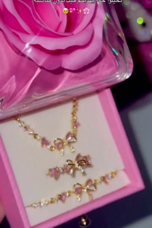 🎀💖Luxury Pink Crystal Bow Charm Necklace Bracelet & Earrings Jewelry Gift Set for Women | Elegant Korean Style Floral Party Collection ✨🌸