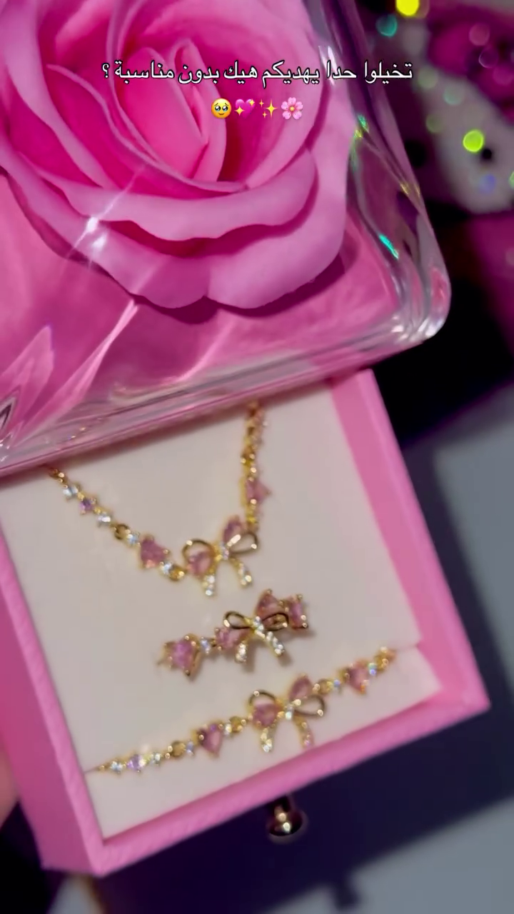 ππLuxury Pink Crystal Bow Charm Necklace Bracelet & Earrings Jewelry Gift Set for Women | Elegant Korean Style Floral Party Collection β¨πΈ