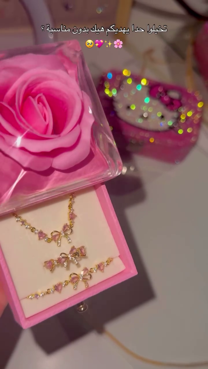 ππLuxury Pink Crystal Bow Charm Necklace Bracelet & Earrings Jewelry Gift Set for Women | Elegant Korean Style Floral Party Collection β¨πΈ - Image 2