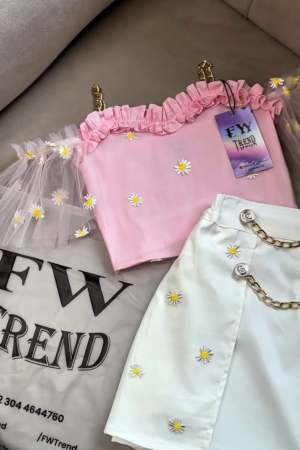🌸 Women's Daisy Embroidered Two-Piece Party Co-Ord Set – Elegant Crop Top & Mini Skirt Outfit 🌸