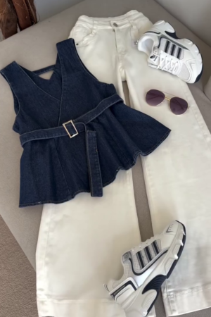 👖💙 Trendy Denim Peplum Top with Wide-Leg Jeans Co-Ord Set for Women 💙👖