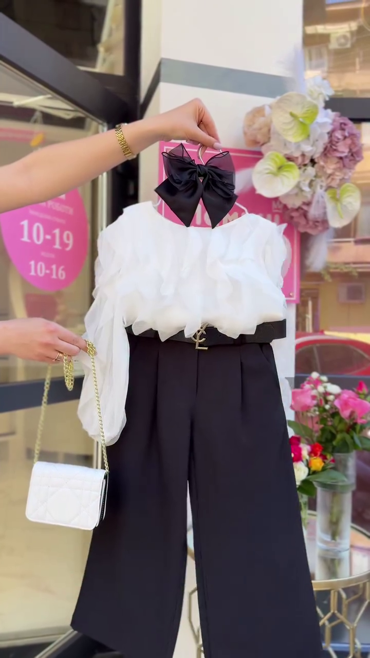 🤍🖤 Elegant Girls Party Wear Ruffle Top & Wide-Leg Trouser Set 🤍🖤 - Image 2