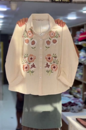 🌸 Elegant Vintage Cream Floral Embroidered Textured Cotton Blend Button-Down Long Sleeve Casual Boho Chic Women's Shirt | Premium Soft Comfort Everyday Fashion Top 🌸