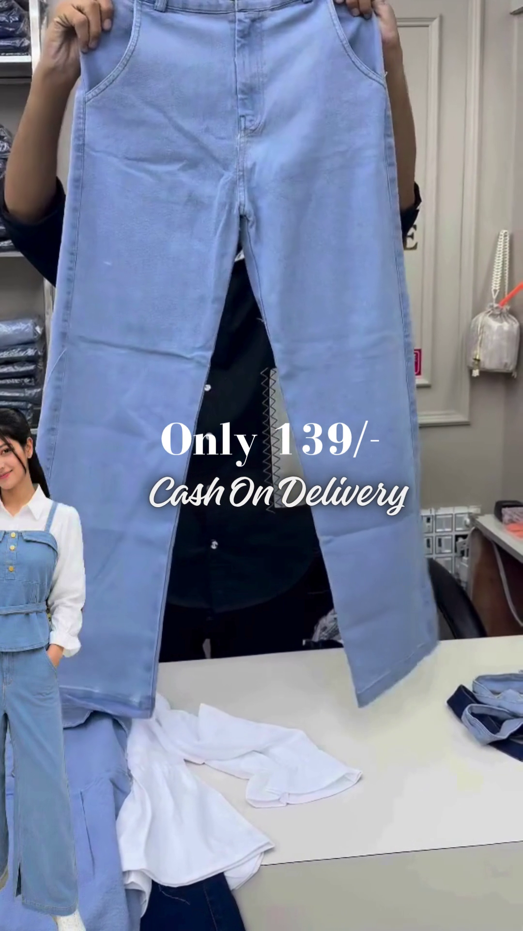 Chic Light Blue Denim Corset-Style Suspender Top with Golden Buttons Overlaid on a Crisp White Long-Sleeve Shirt and Denim Bottoms 🤍 - Image 4