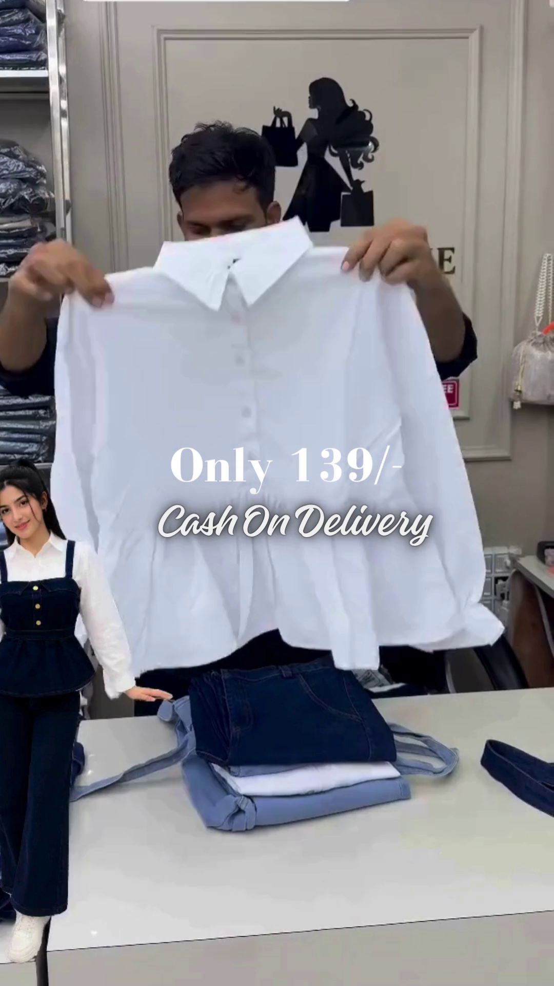 Chic Light Blue Denim Corset-Style Suspender Top with Golden Buttons Overlaid on a Crisp White Long-Sleeve Shirt and Denim Bottoms 🤍 - Image 2