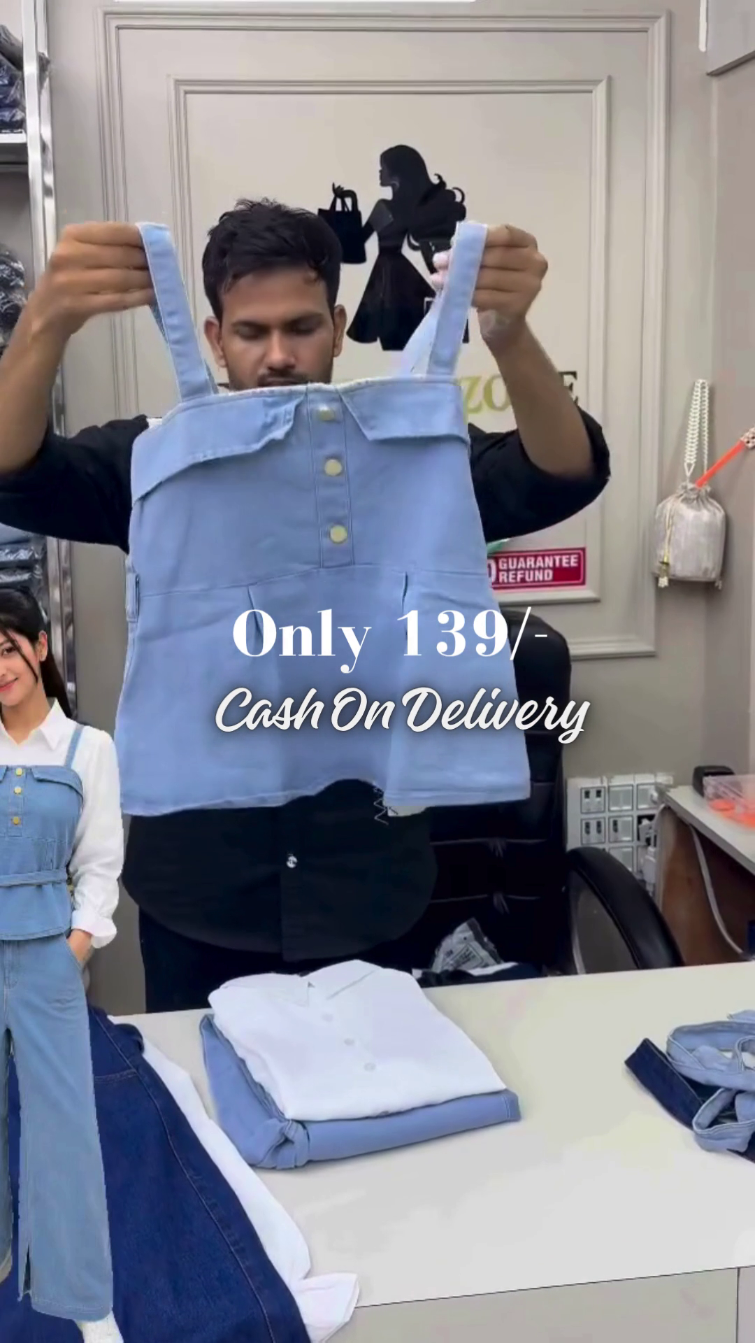 Chic Light Blue Denim Corset-Style Suspender Top with Golden Buttons Overlaid on a Crisp White Long-Sleeve Shirt and Denim Bottoms 🤍 - Image 3