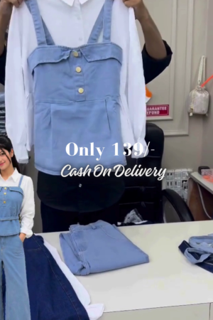 Chic Light Blue Denim Corset-Style Suspender Top with Golden Buttons Overlaid on a Crisp White Long-Sleeve Shirt and Denim Bottoms π€