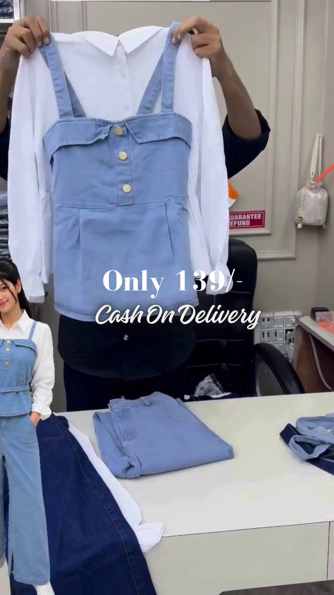 Chic Light Blue Denim Corset-Style Suspender Top with Golden Buttons Overlaid on a Crisp White Long-Sleeve Shirt and Denim Bottoms 🤍