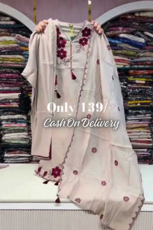 Cream-Colored Cotton Ethnic Kurti Set Featuring Rich Maroon Floral Appliques, Tie-Up Tassel Neckline, and Scalloped Border Dupatta π·