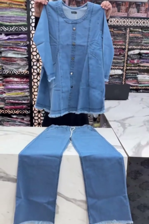 Casual Light Blue Denim Straight-Cut Kurti Featuring Full-Length Sleeves and Contrast Stitching Paired with Matching Denim Trousers 👖