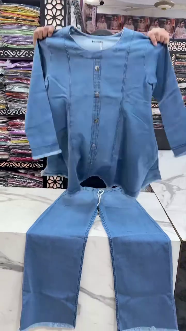 Casual Light Blue Denim Straight-Cut Kurti Featuring Full-Length Sleeves and Contrast Stitching Paired with Matching Denim Trousers 👖 - Image 2